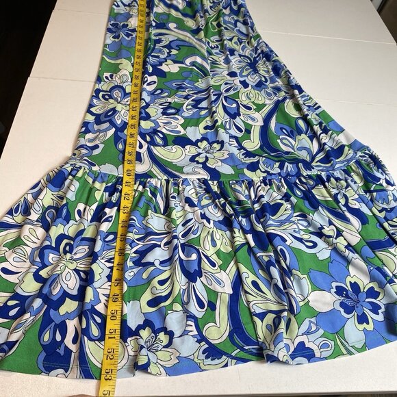 IMAN Global Chic Drapey Knit Tiered Maxi Dress Blue Green Floral Sz S Boho NWT - Picture 6 of 9
